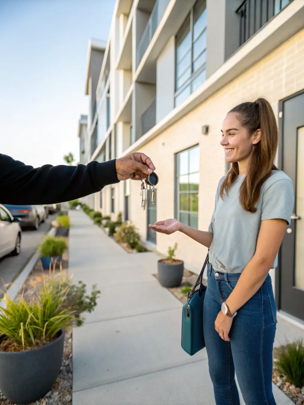 A landlord handing over keys to a new tenant in a modern Dubai apartment, symbolizing a smooth rental transaction.