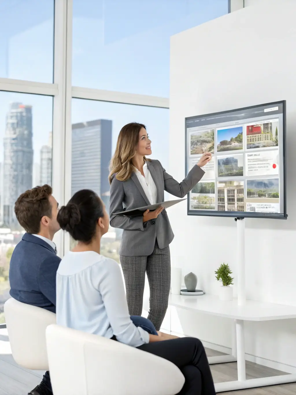 A professional real estate agent showing a client property options in Dubai, with modern buildings in the background.