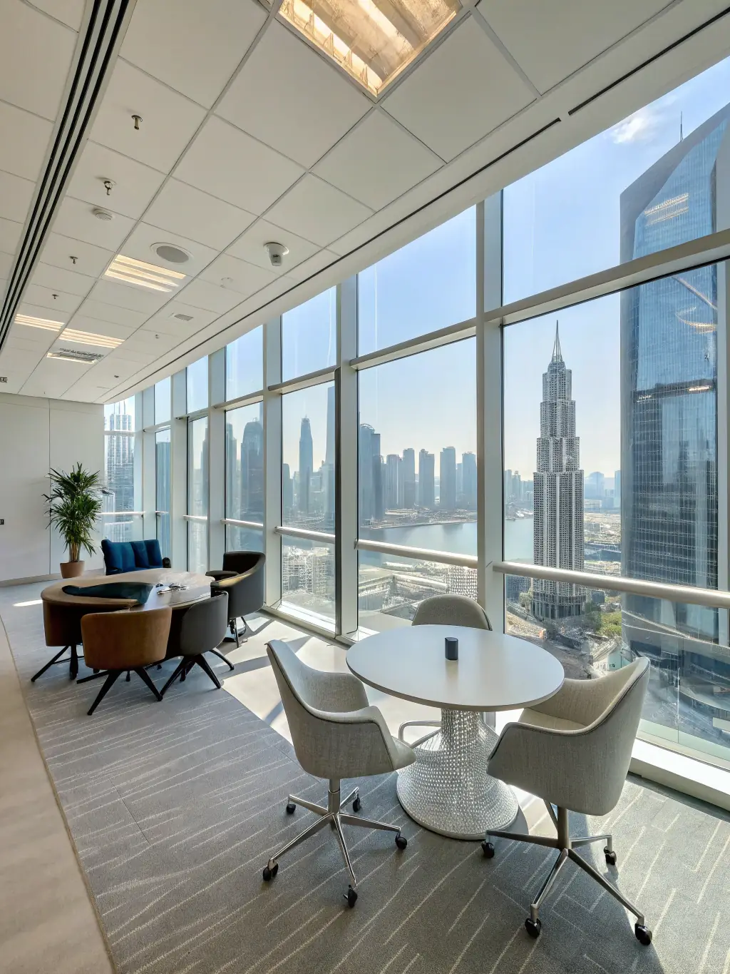 A contemporary office space in Business Bay, featuring open-plan layout, modern furniture, and panoramic city views.