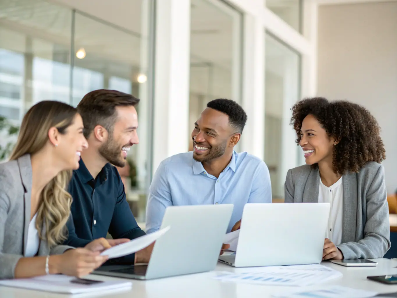 An image depicting a diverse group of people discussing property investment opportunities in a modern office setting, with charts and graphs visible in the background.