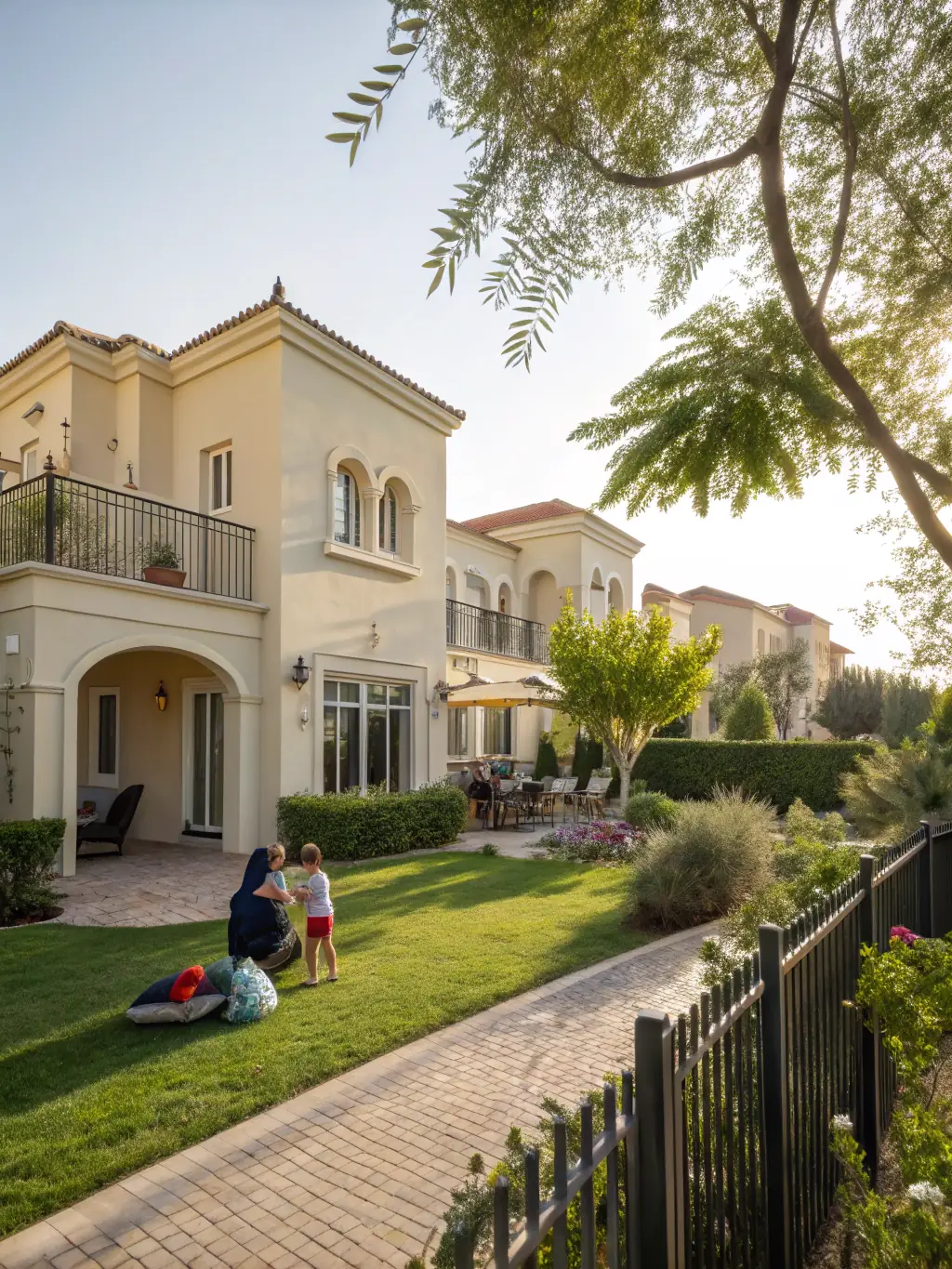 A stylish townhouse in Jumeirah Village Circle, showcasing a modern facade, private balcony, and community park in the background.
