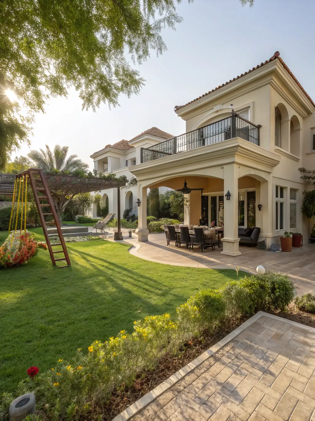 A luxurious villa exterior in Emirates Hills, featuring a private pool, landscaped garden, and elegant architecture.