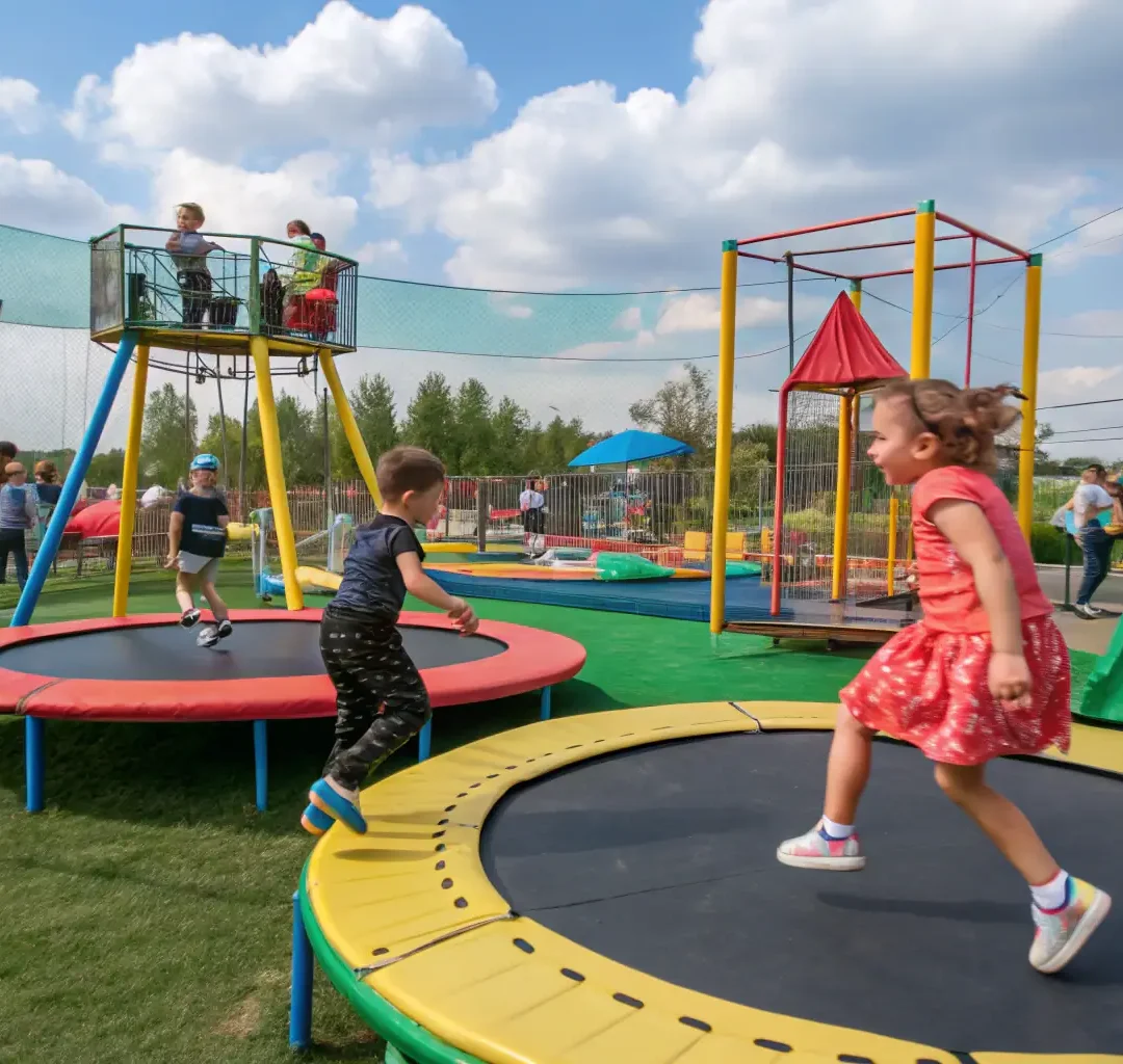 An active scene from the kids' play zone at Danube Breeze, featuring children laughing and playing on colorful equipment. The splash zone is filled with water features, and the trampoline park is visible in the background, creating a fun and safe environment.